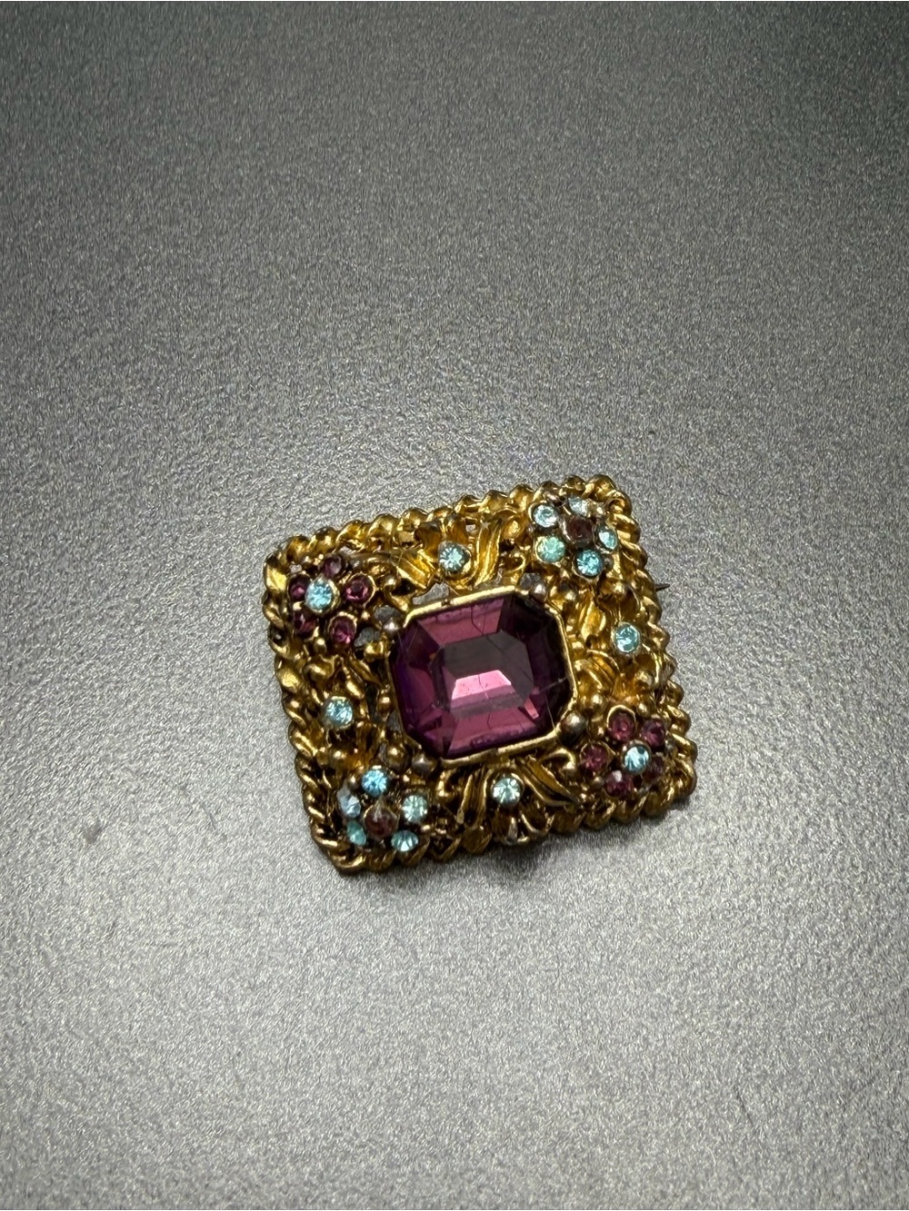 Vintage Exquisite Brooch with Purple and Blue Crystals